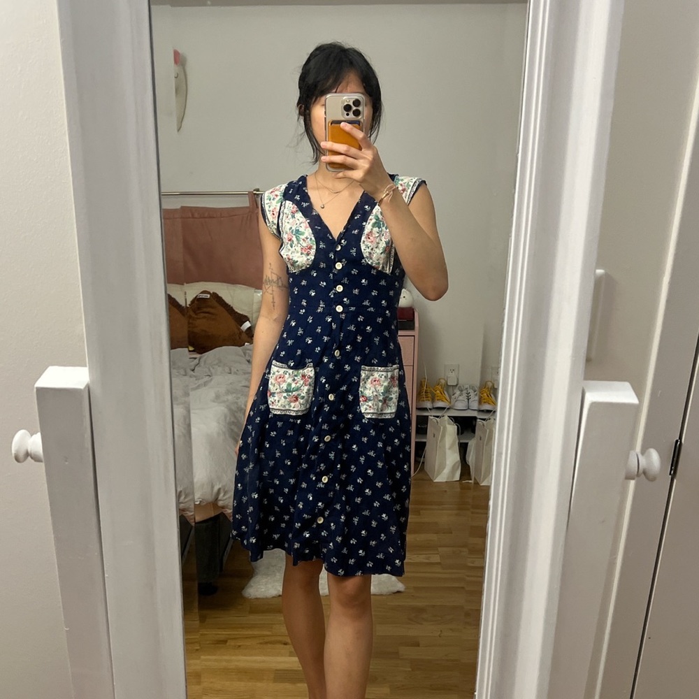 Vintage cotton floral patchwork print dress with waist tie